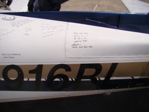 Signatures on Brian Lloyd's aircraft Spirit at Oakland airport on 31 July signed during the Project Amelia Earhart 80th Anniversary Flight in June-July 2017 photo ©2017 Bonnie Crystal