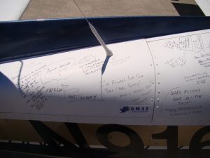Signatures on Brian Lloyd's aircraft Spirit at Oakland airport on 31 July signed during the Project Amelia Earhart 80th Anniversary Flight in June-July 2017 photo ©2017 Bonnie Crystal